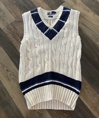 Chaleco de cricket POLO RALPH LAUREN tejido con cable azul marfil para hombre talla M *Manchas Foto 1 de 4