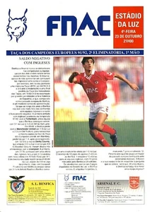 BENFICA v Arsenal (European Cup) 1991/1992 - single sheet programme - Picture 1 of 1