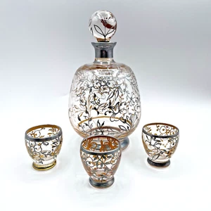 Antique Czech Sterling Silver Overlay Decanter & Cordials Set Art Glass 1915s - Picture 1 of 11