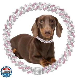 Pink Dog Chain Collar,Bling Diamond Cuban Link Dog Collar Dog Necklaces Rhine - Picture 1 of 5