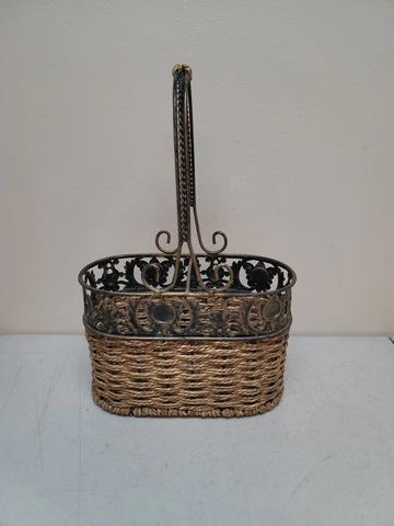 Vintage Metal & Wicker Oval Shape Basket Green  Cutouts 14"x9"x5" Cover