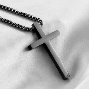 Men Women Cross Necklace for Boy Stainless Steel Plain Pendant Box Chain Gift - Picture 1 of 27