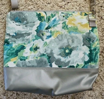 Annie Banannie Floral Tote Bag Purse Blue Teal Silver Impressionist Watercolor - Image 1 of 4