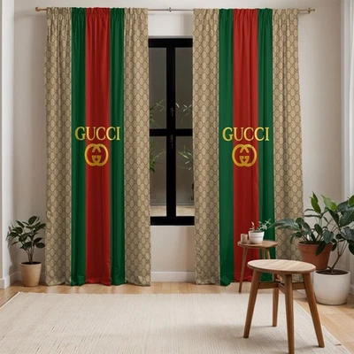 Cortina Estilo Gucci Beige GG Logo Estampado Negro Rojo Verde Rayas Decoración Ventana Foto 1 de 4