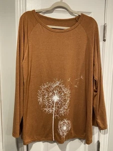 Orange Rust Long Sleeve Size XXL Crew Neck Tunic Tee Shirt Dandelion Print - Picture 1 of 9