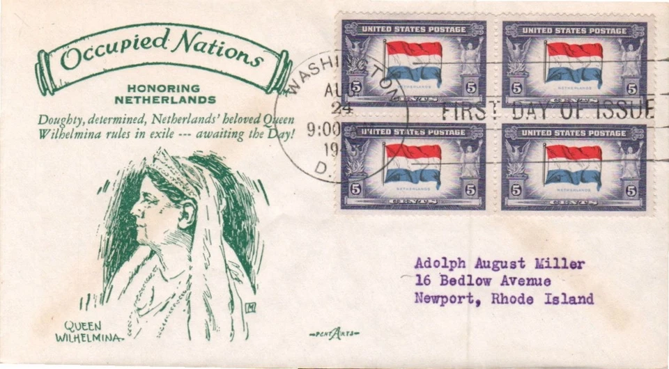 WW2 OVERRUN COUNTRIES NETHERLANDS #913 AUG 24 1943 WASHINGTON DC FIRST DAY COVER - Image 1 of 1