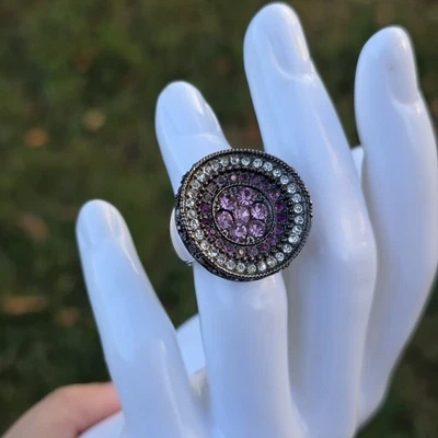 Anillo Lia Sophia púrpura rosa reinado cristal estrás plata negro talla 6 floral Foto 1 de 4