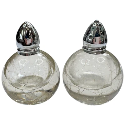 Vintage Crackled Glass Clear I.W. Rice Round Globe Salt and Pepper Shakers - Image 1 of 4