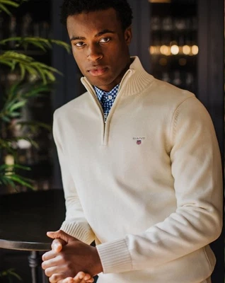 Gant Casual Cotton Half Zip Sweater Cream - Image 1 of 4