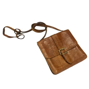 Vintage Furla Small Crossbody Bag Brown Embossed Leather Messenger Purse Travel - Picture 1 of 11