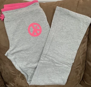 GIRLS SIZE 14 SWEATPANTS LIGHTWEIGHT GRAY PINK SHIMMERING PEACE SIGN SUPER CUTE! - Picture 1 of 2