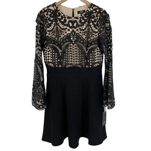 Aidan Mattox Lace Crepe Cocktail Dress Fit & Flare Long Bell Sleeves Black 10 - Picture 1 of 11