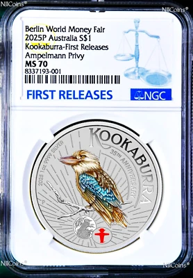 2025 Berlin Show WMF Kookaburra Silver NGC MS70 1oz $1 Coin w/ AMPELMANN Privy F - Image 1 of 2