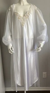 Vintage Cinema Etoile White Beaded Slip Nightgown & Robe Sheer Peignoir Set M - Picture 1 of 22