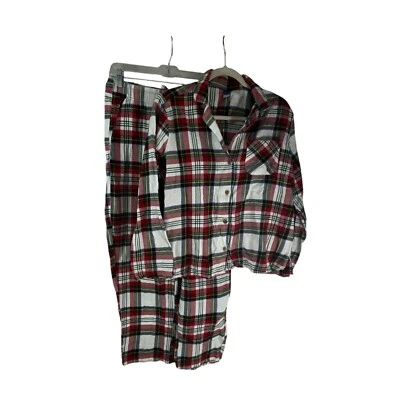 Antiguo conjunto de pijama abotonado manga larga a cuadros azul marino rojo blanco L 100 % algodón cómodo Foto 1 de 4