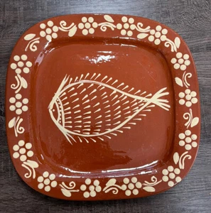 Cevalfer Portugal Handmade Platter Terracotta Red Pottery Fish Floral 13x13 - Picture 1 of 11