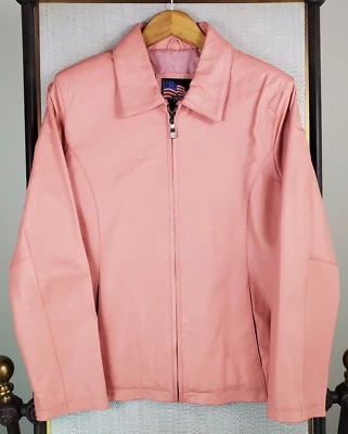 Jaqueta de corrida caminhoneiro feminina tamanho médio rosa couro genuíno com zíper EUA - Imagem 1 de 4