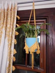 GOLDENROD YELLOW MACRAME PLANT HANGER cotton 34" long bohemian boho tassels 2J - Picture 1 of 6