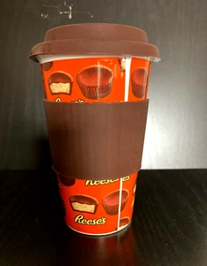 Reeses Peanut Butter Cup Ceramic Travel Coffee Mug Silicone Lid Grip Galerie - Picture 1 of 4
