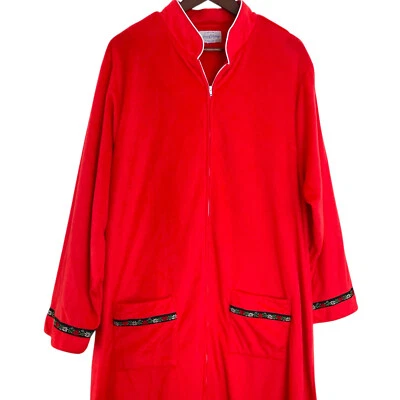 Lanz of Salzburg Zip Up Front Bath Robe Size XL Red Fleece W/ Floral Ribbon Trim - Image 1 of 4