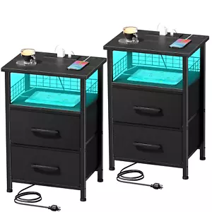 Set of 2 Nightstands with Charging Station, LED Lights, USB Ports & Drawers - Picture 1 of 7