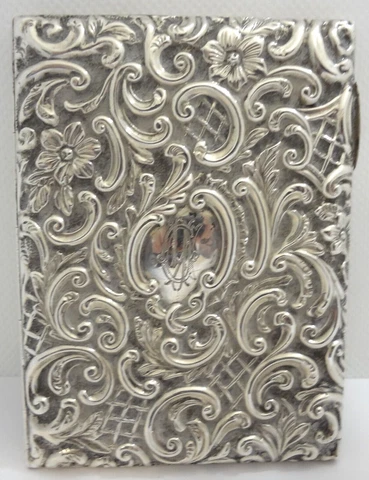 1894 HENRY MATTHEWS Sterling Silver Repousse Card Aide Memoire Case Cover