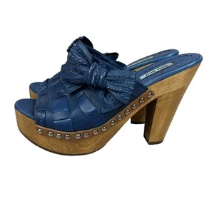 Miu Miu Size 6 Blue Leather Bow Peep Toed Clogs Studded Platform Y2K Bohemian - Picture 1 of 13