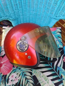 Vintage 70s Griffin Open Face Motorcycle Helmet Metal Flake Red Shield - Picture 1 of 10