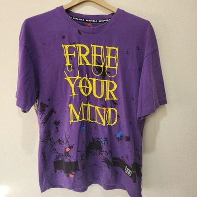 Hard Soda Men’s XL Purple Graphic T-Shirt “Free Your Mind” Neon Skull Streetwear - Image 1 of 4