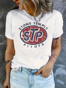 L Women's Retro Rock Band Distressed STP Logo White Graphic Short Sleeve T-Shirt - Picture 1 of 3