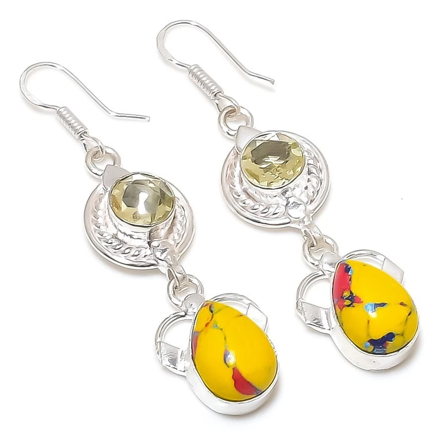 Mosaic Jasper Gemstone Handmade 925 Sterling Silver Jewelry Earring Size 2.25'' - Image 1 of 1