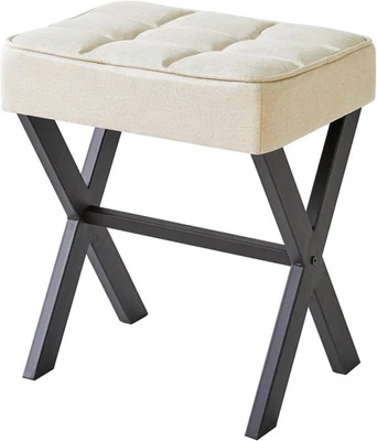 Grey Linen X-Leg Makeup Stool – Modern Ottoman Footrest & Side Table - Image 1 of 4