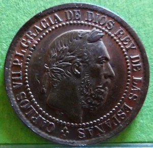 aUNC, CARLOS VII, 5 Céntimos de Peseta, 1875 BRUSELAS, Copper - Picture 1 of 2