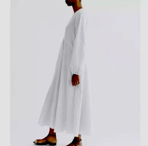 ZARA OYSTER WHITE LONG STRIPED BALLOON SLEEVE MAXI DRESS WITH SIDE POCKETS XS - Picture 1 of 5