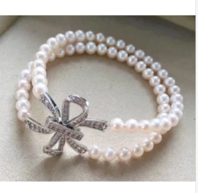 Dainty Two Strands AAA South Sea Round White Pearl Bracelet 7.5-8" Bow Clasp - Image 1 of 4