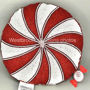 Red & White BEADED Peppermint Swirl Candy Round Decorative Pillow 15" Christmas - Picture 1 of 10
