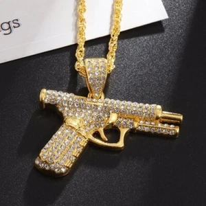 Collana con ciondolo pistola ghiacciata Bling - regalo gioielli hip hop punk street - Foto 1 di 8