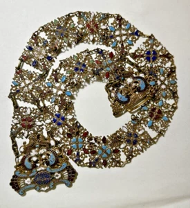 Antique Victorian Blue Red Enamel Gold tone Filigree Buckle 26" Belt Necklace - Picture 1 of 10
