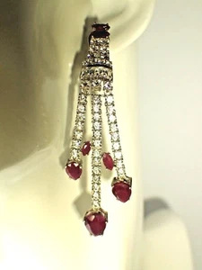 NATURAL BLOOD RED RUBY, CZ  EARRINGS - 925 SILVER, 14K WHITE GOLD PLATED- #202 - Picture 1 of 3