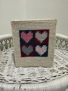 Vintage Hand Knit Tissue Box Cover Pink Hearts GUC Valentine’s Day Gift