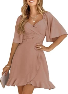 Dokotoo Women’s Wrap V Neck Short Flared Sleeve Mini Dress  - Picture 1 of 3