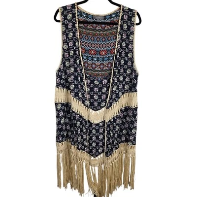 Chaleco Boho Western Azteca Floral Estampado Mixto Macramé Crochet Borde Flecos Largos 1XL Foto 1 de 4