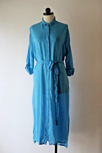 Zara Trafaluc Turquoise Blue Sheer Gauze Button Down Belted Shirtdress Women S - Picture 1 of 24