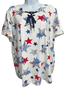 Allison Daley 2X Top Patriotic Red White Blue Stars Tie Soft USA Charming Casual - Picture 1 of 4
