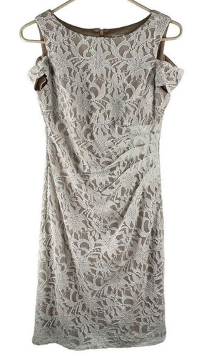 OFF WHITE Abito tubino Eliza J. bianco sporco e marrone pizzo floreale sovrapposizione increspato lato taglia 6