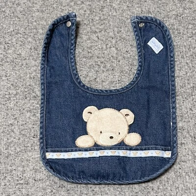 Vintage Carter's Baby Bib Denim Fuzzy Brown Bear Snap - Image 1 of 4