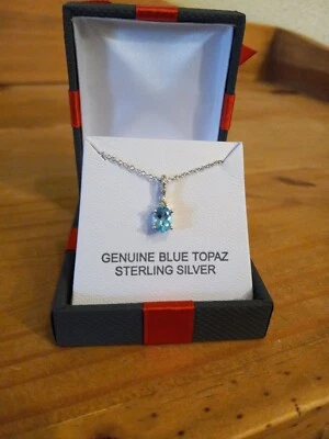 Collar Topacio Azul Genuino 18" con Zafiros Blancos Creados en Laboratorio Esterlina Nuevo en Caja Foto 1 de 4