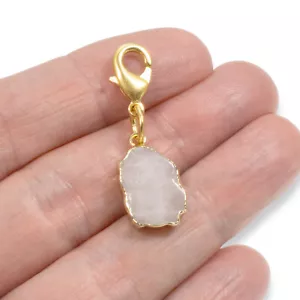 Gold & Rose Quartz Clip on Charm, Pink Stone Purse Charm + Lobster Clasp - Picture 1 of 9