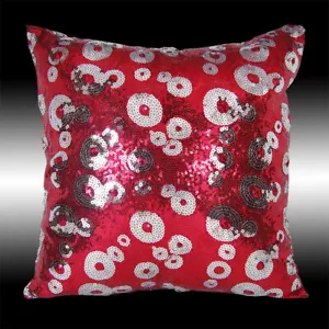 LUXURY SHINY RED SILVER CIRCLES SEQUINS DECO THROW PILLOW CASE CUSHION COVER 16" - Picture 1 of 2