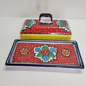 Talavera Butter Dish Handmade Signed Hernandez Pottery Pue, Mexico Bright Floral - Picture 1 of 9